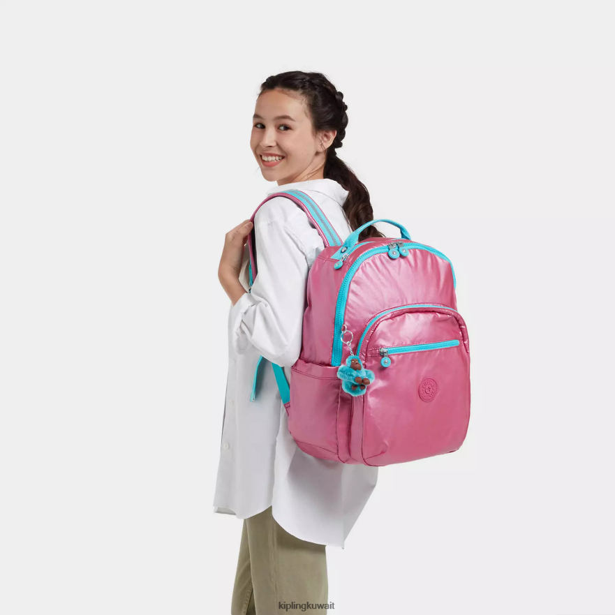 Kipling حقيبة ظهر للكمبيوتر المحمول سيول كبيرة ميتاليك 15 بوصة نحيف معدني وردي طازج ZR2RH459 حقائب ظهر للكمبيوتر المحمول